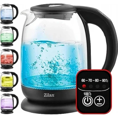 Afbeelding van Zilan, glazen waterkoker met digitaal display en led, verschillende kleuren, 1,7 l, 5 temperatuurinstellingen, draadloze 360 graden borosilicaatglazen behuizing, 2200 W
