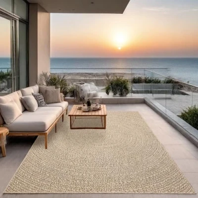 Afbeelding van Jute look vloerkleed voor binnen en buiten 240x340 cm Rechthoek Laagpolig natuurlijke tuin, balkon, terras of indoor kleed buitentapijt tuintapijt KANSAS by The Carpet