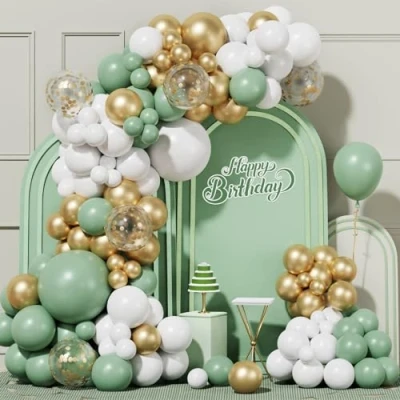 Afbeelding van Saliegroene ballonnenboogset, 100 stuks, olijfgroene ballonslinger met witgouden ballonnen en confetti, groene ballonnenboogslinger voor jongens meisjes, verjaardagsfeest,