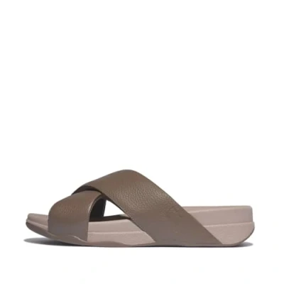Afbeelding van Fitflop Surfer Heren Tumbled Leer Cross Slides Slippers Heren, Walnoot