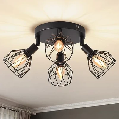 Afbeelding van ANWIO plafondlamp, spots, 4 led plafondspots voor binnen, basis E14, zwarte met ronde basis, draaibare plafondlamp (zonder lampen).