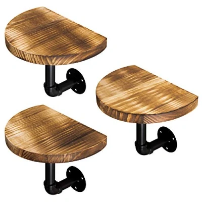 Afbeelding van Navaris wandplank Set van 3 Ronde Planken hout Met industriële pijp metaal om op te hangen aan de muur 20 x 15 2 cm