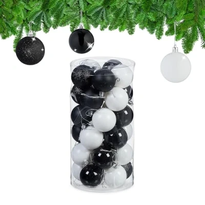 Afbeelding van Relaxdays kerstballen kerstboom ballen kerstboomversiering kunststof set van 30 zwart wit
