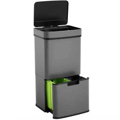 Afbeelding van Homra Nexo Prullenbak Afvalscheiding 72 Liter Grijze Sensor 3 vakken 2x12L + 48L Recycle Afvalbak Vuilnisbak voor huishouden en kantoor Vuilbak keuken Afvalemmer Afvalscheidingsprullenbakken Automatische Soft Close Deksel
