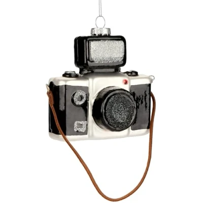 Afbeelding van BRUBAKER Camera, handbeschilderde kerstbal van glas, 10 cm, boombol voor fotografen, zwart glitter, mondgeblazen kerstboomversiering, figuurtje, grappige decoratieve hanger