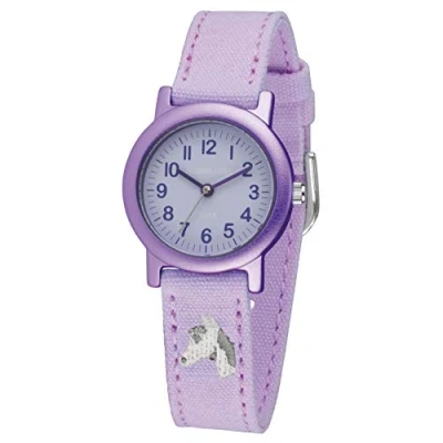 Afbeelding van JACQUES FAREL ECO Horloge Kind Kinderhorloge Meisje Paard Lila Zilverkleurig Analoog 3 bar CO2 neutraal Bio katoen Ø 27 mm Verstelbaar Bandje (13,5 17,5cm) Duidelijk ORG8820
