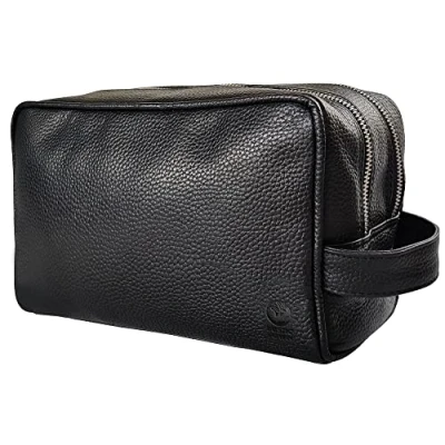 Afbeelding van Handgemaakte toilettas voor op reis, van echt leer, toilettas, scheerset en make uptas, reiscadeau dames heren Rustic Town, zwart., Toilettassen