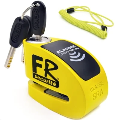 Afbeelding van FR sécurité FR410Y SRA goedgekeurde motorschijfblokkering, alarm 120 dB optioneel, dubbele vergrendeling ø10 mm, lithiumbatterij met lange levensduur, zeer veilig slot, diefstalbeveiliging, scooter,