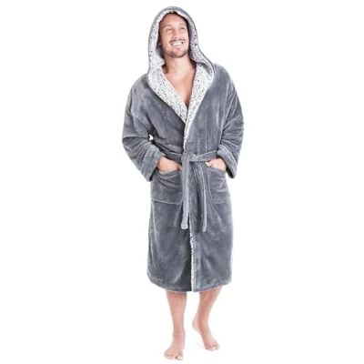 Afbeelding van CityComfort Warme fleece badjas voor heren, lange elegante pasvorm met contrasterende biezen, ultrazachte comfortabele badjassen, chique cadeau Donkerblauw