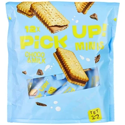 Afbeelding van Pick Up! Minis Choco &amp; Milk set van 12 mini chocoladerepen met melkroom tussen 2 boterkoekjes (1 x 127 g)