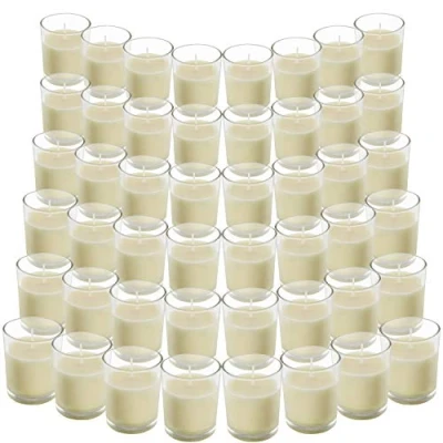 Afbeelding van Belle Vous Ongeparfumeerde votiefkaars met kandelaar van transparant glas (48 stuks), 12 uur brandduur, tafelkaars pot, ideaal voor bruiloften, spa&#039;s, aromatherapie en decoratie