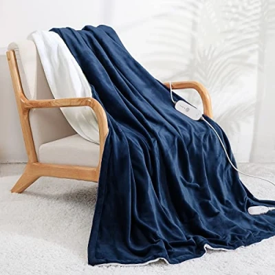 Afbeelding van elektrische deken, verwarmde deken met automatische uitschakeling, 4 verwarmingsstanden, 9 uur, timer voor 180 x 130 cm, machinewasbaar (blauw)