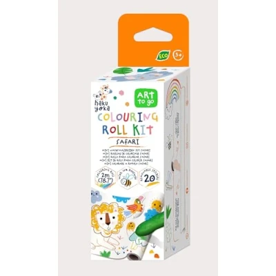 Afbeelding van Haku Yoka: MINI KLEURROL KIT / SAFARI 12x200cm, inclusief 4 krijtjes en stickers, afscheurbaar, in bijenwas (10%), doos 6,2x6,2x19,6cm, 3+