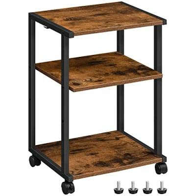 Afbeelding van HOOBRO Printerstandaard, opbergrek met 3 niveaus wielen, planken, 2 haken, 42 x 28 64 cm, industriële stijl, voor kantoor, slaapkamer, keuken, rustiek bruin EBF28PS01