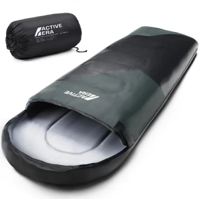 Afbeelding van Active Era Premium Slaapzak 250 GSM Vulling en Waterdicht Met Binnenzak Capuchon 4 Seizoenen, voor Kamperen, Camping, Backpacken, Hiken, Festivals, Logeren, Buitenhuis Volwassenen &amp; Kinderen 210x75cm Zwart