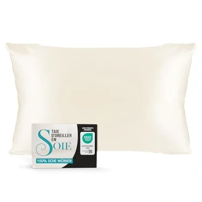Afbeelding van Dreamzie zijden kussensloop, 100% zijde 19 momme, Öko Tex® gecertificeerd, weldadig voor haar en huid, anti aging, beschermt tegen mijten, 50 x 70 cm, ivoor