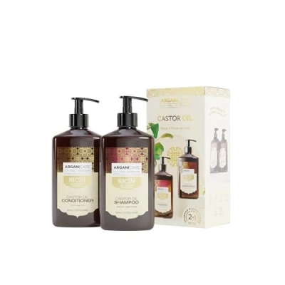 Afbeelding van ARGANICARE Shampoo + aftershampoo met ricinusshampoo groeiversneller kalmeert het hoofdhuid verzorgt en versterkt sterk glanzend haar gemaakt in Frankrijk 2 x 400 ml