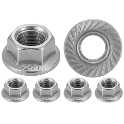 Afbeelding van roestvrij stalen moer met gekartelde basis M8 flensringmoeren voor schroeven Ø 8 mm zelfborgend zeskant DIN 6923 / ISO 4161 staal A2 (V2A 304) veiligheidsmoer: set van 20 stuks