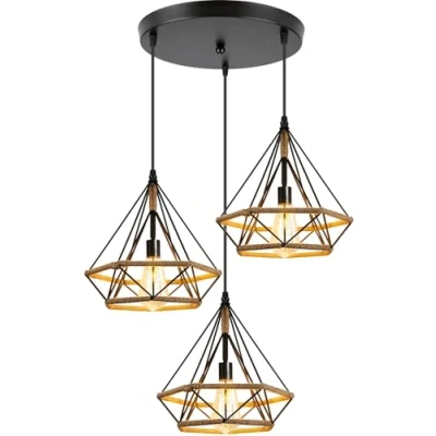 Afbeelding van Hanglamp, industrieel design, 3 lampen, diamant, hennep, touw, vintage, kroonluchters van metaal, retro, plafondlamp, voor keuken, woonkamer, slaapkamer, E27, verstelbaar, zwart