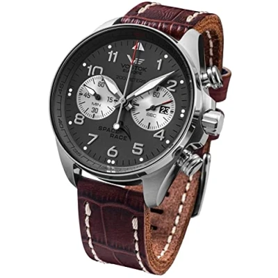 Afbeelding van Vostok Europe Space Race Heren Chronograaf Horloge Lederen Band 20ATM Datum, Bruin, Riemen