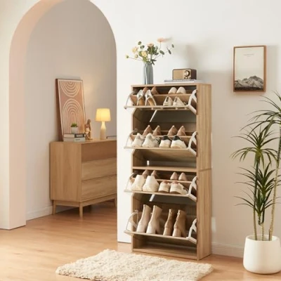 Afbeelding van Schoenenkast Lund met 4 kleppen spiegeldeuren eikenkleurig 134x60x24 cm [en.casa]