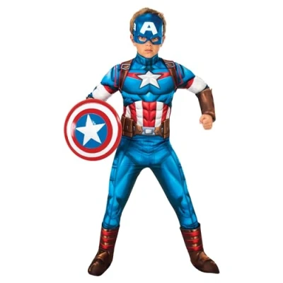 Afbeelding van Rubie&#039;s Captain America Deluxe kostuum voor jongens en meisjes met gevoerde borst, laarzenovertrek masker, officieel Marvel carnaval, Kerstmis, verjaardag, feest Halloween