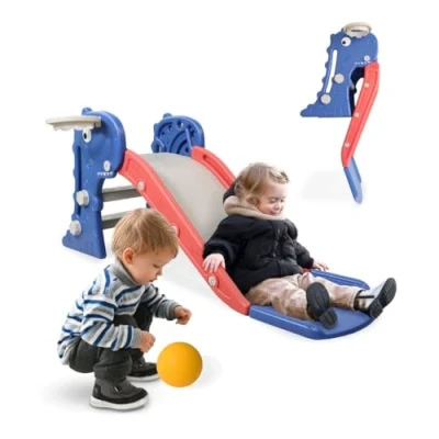 Afbeelding van Mobiclinic Glijbaan Voor kinderen Binnen en buiten Inklapbaar Inclusief mand bal Dino Afgeronde randen Antislip treden Max. 35kg