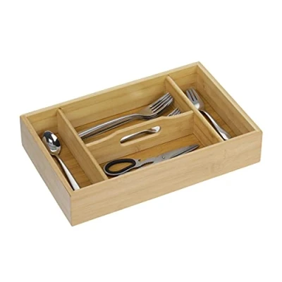Afbeelding van Relaxdays bestekbak bamboe besteklade bestek organizer 4 vakken met handvat