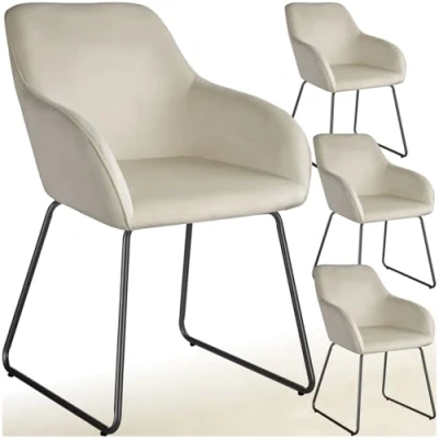 Afbeelding van tectake® Eetkamerstoel Jeane Set van 4 Eetkamerstoelen met doorlopende rugleuning en armleuning Kuipstoelen fluwelen bekleding Stijlvolle keukenstoelen voor eetkamer of woonkamer Slipvrije vloerbeschermende voetjes Crème/zwart