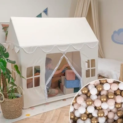 Afbeelding van KiddyMoon Maison de jeu pour enfants avec 300 balles, tente pliable en coton, facile à assembler, utilisation intérieur et extérieur, encourage le créatif