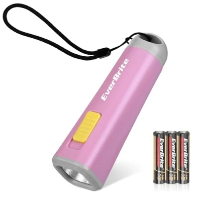 Afbeelding van EverBrite Mini led zaklamp voor kinderen (roze), met licht gewicht (46 g) en geel licht, ideaal lezen, kamperen, wandelingen, 3 AAA batterijen inbegrepen