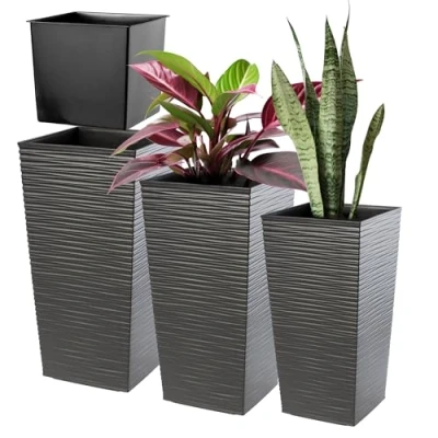 Afbeelding van KADAX Set van 3 plastic weerbestendige bloempotten, geschikt voor zowel binnen als buiten, grafiet, XL