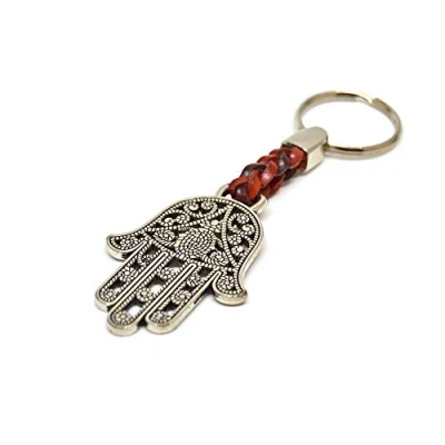 Afbeelding van sleutelhanger ring Fatima hand aan het einde van een lederen band 8 cm plus 2,5 cm, zilver, 10,5 zilver.