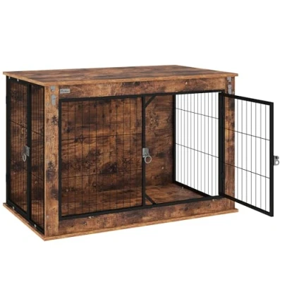 Afbeelding van PawHut Hundekäfig meubels, hondenbox met 2 afsluitbare deuren, kisttafel voor thuis, hondenhuis grote honden onder 30 kg, staal, 98 x 60 78 cm, notenhout