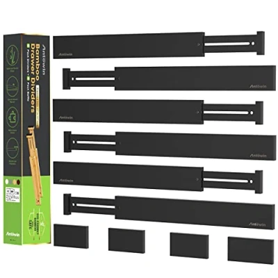 Afbeelding van ANTOWIN 10 stuks uittrekbare ladeverdelers van bamboe, 43,2 tot 55,9 cm, verstelbare veerorganizer voor grote gebruiksvoorwerpen, kleding, gereedschap (zwart)