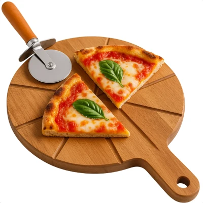 Afbeelding van Cheqo Pizza Snijplank Pizzaplank Plank Acaciahout Pizzabord Met Groeven Pizzasnijder Inbegrepen Handvat O