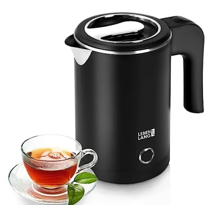 Afbeelding van LEBENLANG Roestvrijstalen reiswaterkoker, klein, 0,5 liter, BPA vrij, 600 W, energiebesparend, mini campingwaterkoker, zwart, liter