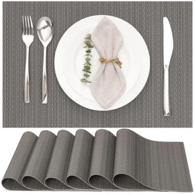 Afbeelding van placemats, afwasbaar, 6 delige set, geweven antislip, slijtvast, hittebestendig, vinyl voor keuken, eetkamer, hotel, placemat, 30 x 45 cm (grijs)
