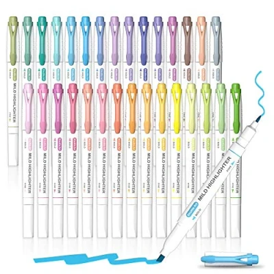 Afbeelding van 30 kleuren pastel markeerstiften, markeerstiften geassorteerde kleuren, dubbele tip milde kleur perfect voor volwassenen onderstrepen, markeren met Shuttle Art