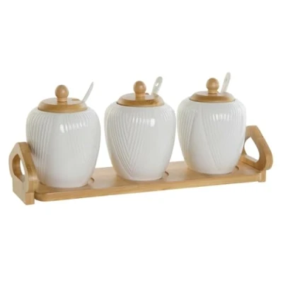 Afbeelding van Suikerpot DKD Home Decor Wit Natuurlijk Bamboe Porselein 31 x 9 7 cm 4 Onderdelen