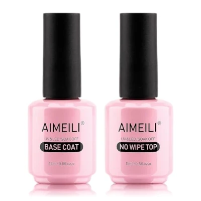 Image de AIMEILI 2 x 15ml No Wipe Top Coat et Base Lot Vernis de Finition Brillant à Ongles Gel Semi Permanent Manucure Kit Longue Durée Sans HEMA