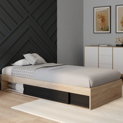 Image de Cadre de lit simple 90x190 cm bois façon hêtre et noir avec rangement sommier 10 lattes IDMarket