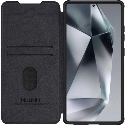 Afbeelding van Nillkin Qin Pro Hoesje Geschikt voor Samsung Galaxy S25 Book Case met Camera Slider Ruimte Twee Pasjes Zwart