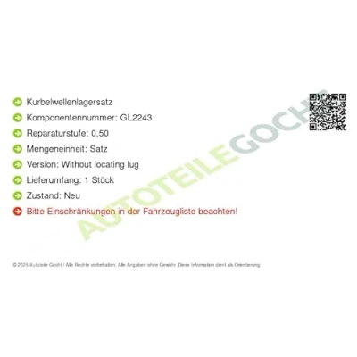 Afbeelding van KOLBENSCHMIDT MS 1461A 0.50 Krukasaslagerset TOYOTA: Auris Estate