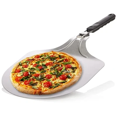 Afbeelding van pizzaschep van 430 roestvrij staal pizza en taartschep met inklapbare handgreep voor pizza, tarte flambée, broodjes brood (zilverkleurig/zwart hoekig)