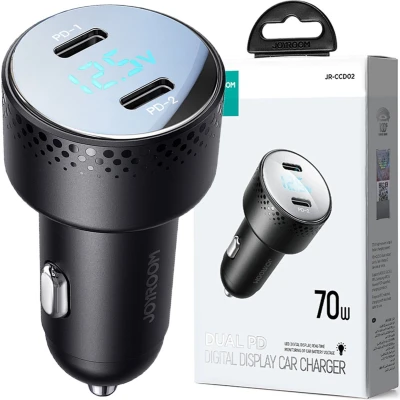 Afbeelding van Joyroom Autolader Snellader 2x USB C 70W met LED Display Zwart