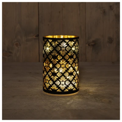 Afbeelding van Anna&#039;s Collection Glazen Cylinder Kosmos Kerstverlichting 10x15 cm Zwart Goud 8 Led Warm Wit