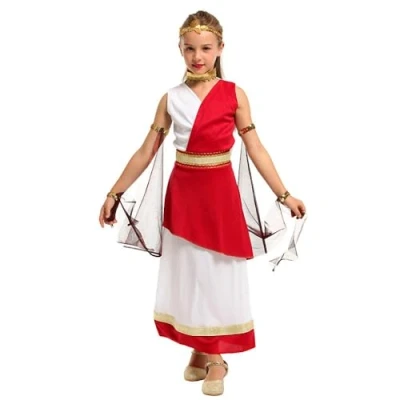 Afbeelding van Lito Angels Verkleedkostuum, Romeinse godinnenjurk, antiek, met laurierhoofdband, voor kinderen, meisjes, maat 11 12 jaar, wit/rood