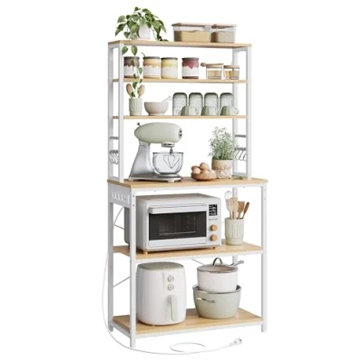 Afbeelding van VASAGLE Keukenrek met stekkerdoos, rek voor koffiezetapparaat, 6 planken, haken, magnetron, stalen frame, 40 x 80 167 cm, eiken goud en wolkenwit KKS119Y02