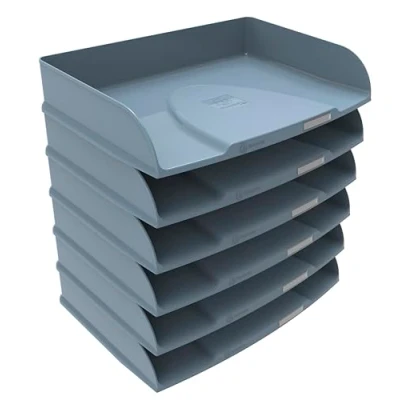 Afbeelding van Exacompta Ref. 10570D Set van 6 horizontale brievenbakken Combo Styli Autentik voor liggend formaat documenten incl. etikethouder stapelbaar afmetingen 25,5x36,5x6,5 cm blauw grijs